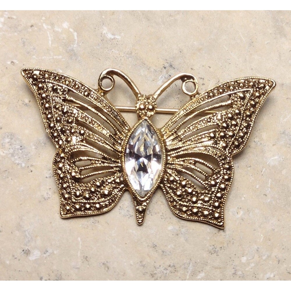 Vintage 1928 Jewelry Collection Butterfly Brooch Pin Gold tone Filigree